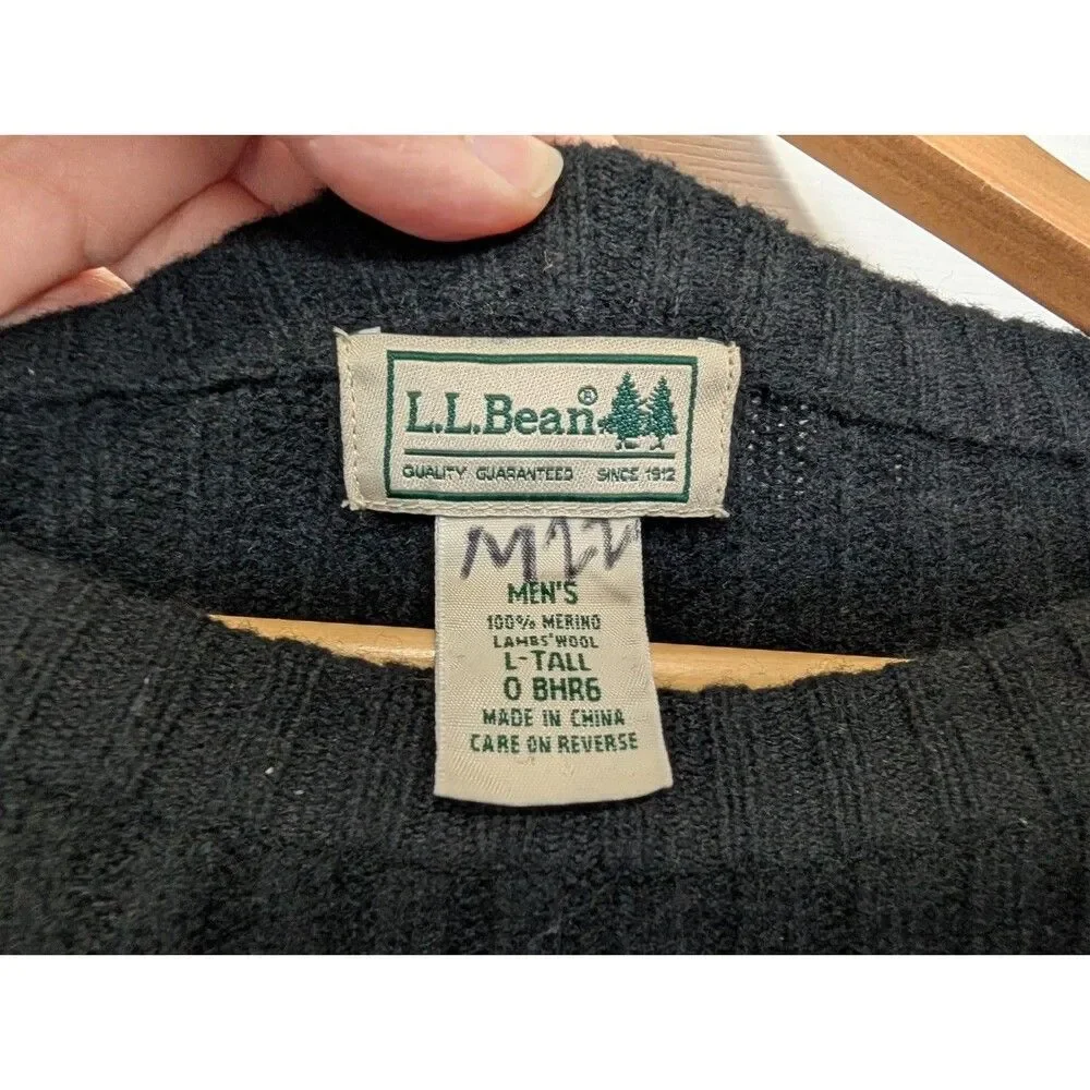 LL Bean Sweater Mens Large Black Commando Merino Wool Ribbed Knit Elbow Patches